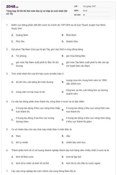 Tổng hợp 20 đề thi thử môn Địa Lý có đáp án mới nhất (đề số 16)