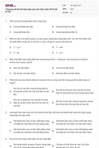 Tổng hợp đề thi thử thpt quốc gia môn Vật lí năm 2019 (đề số 25)