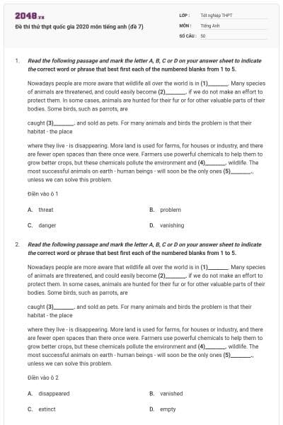 Đề thi thử thpt quốc gia 2020 môn tiếng anh (đề 7)