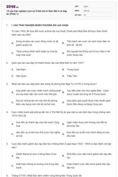 15 câu trắc nghiệm Lịch sử 9 Kết nối tri thức Bài 3 có đáp án (Phần 1)