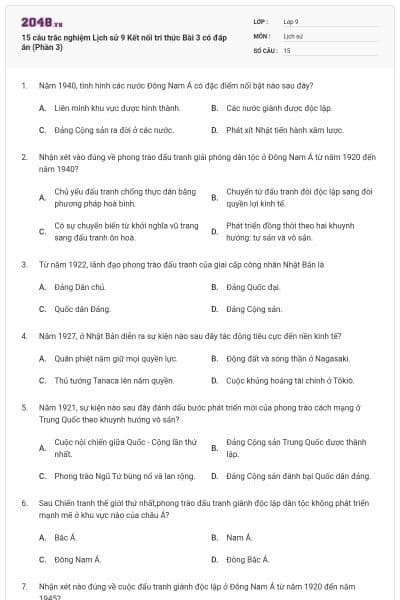 15 câu trắc nghiệm Lịch sử 9 Kết nối tri thức Bài 3 có đáp án (Phần 3)