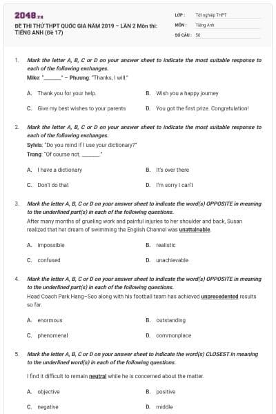 ĐỀ THI THỬ THPT QUỐC GIA NĂM 2019 – LẦN 2 Môn thi: TIẾNG ANH (Đề 17)
