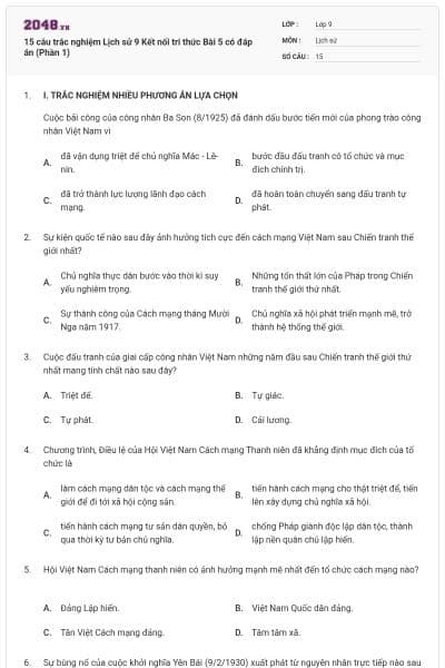 15 câu trắc nghiệm Lịch sử 9 Kết nối tri thức Bài 5 có đáp án (Phần 1)
