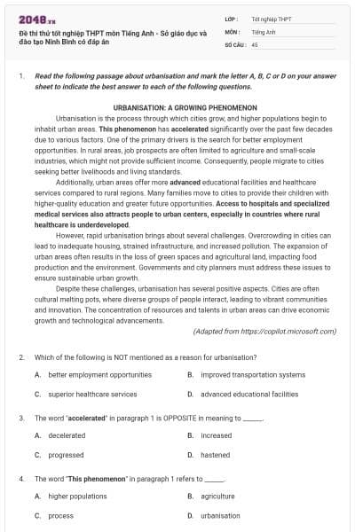 Đề thi thử tốt nghiệp THPT môn Tiếng Anh - Sở giáo dục và đào tạo Ninh Bình có đáp án