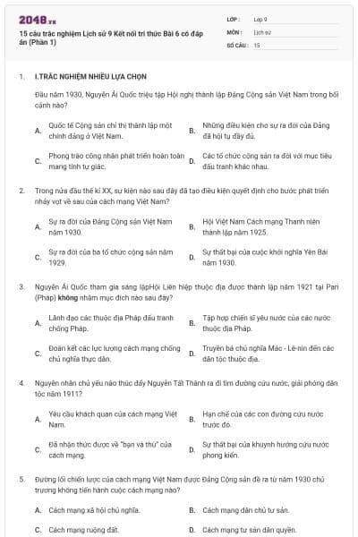 15 câu trắc nghiệm Lịch sử 9 Kết nối tri thức Bài 6 có đáp án (Phần 1)