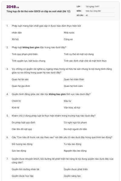 Tổng hợp đề thi thử môn GDCD có đáp án mới nhất (Đề 12)