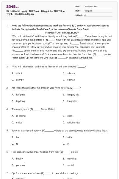 Đề thi thử tốt nghiệp THPT môn Tiếng Anh - THPT Sơn Thịnh - Yên Bái có đáp án