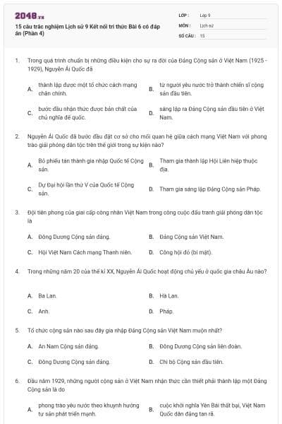 15 câu trắc nghiệm Lịch sử 9 Kết nối tri thức Bài 6 có đáp án (Phần 4)