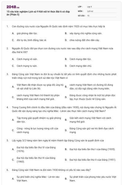 15 câu trắc nghiệm Lịch sử 9 Kết nối tri thức Bài 6 có đáp án (Phần 5)