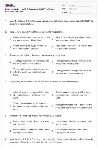 Đề thi tuyển sinh vào 10 Tiếng Anh Sở GD&ĐT Hải Phòng năm 2025 có đáp án