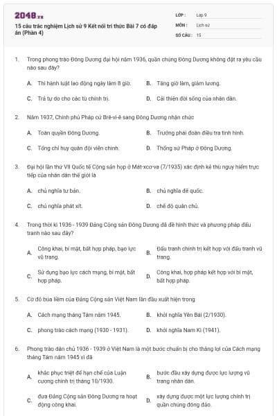 15 câu trắc nghiệm Lịch sử 9 Kết nối tri thức Bài 7 có đáp án (Phần 4)