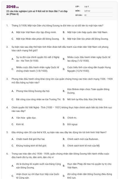 22 câu trắc nghiệm Lịch sử 9 Kết nối tri thức Bài 7 có đáp án (Phần 6)