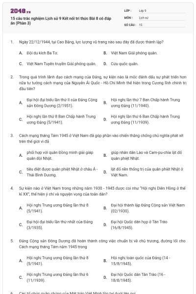 15 câu trắc nghiệm Lịch sử 9 Kết nối tri thức Bài 8 có đáp án (Phần 3)