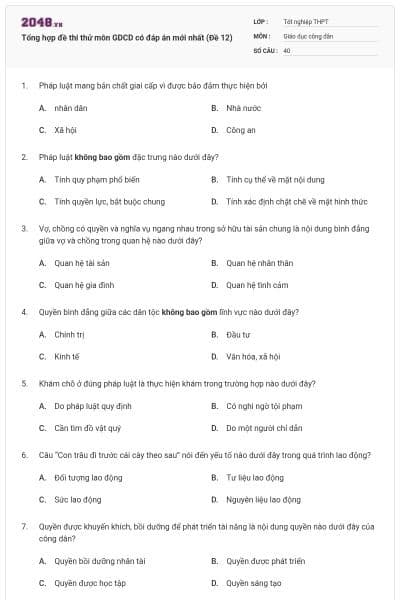 Tổng hợp đề thi thử môn GDCD có đáp án mới nhất (Đề 12)