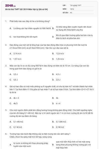Đề thi thử THPT QG 2019 Môn Vật Lý (Đề số 04)