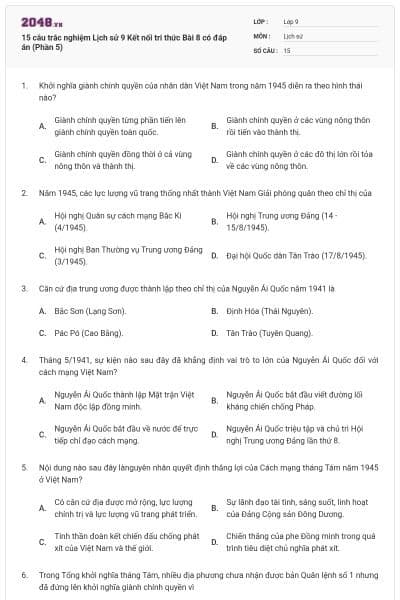 15 câu trắc nghiệm Lịch sử 9 Kết nối tri thức Bài 8 có đáp án (Phần 5)