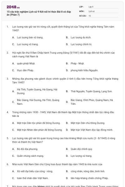 15 câu trắc nghiệm Lịch sử 9 Kết nối tri thức Bài 8 có đáp án (Phần 7)
