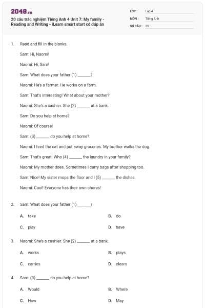 20 câu trắc nghiệm Tiếng Anh 4 Unit 7: My family - Reading and Writing - iLearn smart start có đáp án