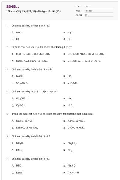 130 câu hỏi lý thuyết Sự điện li có giải chi tiết (P1)