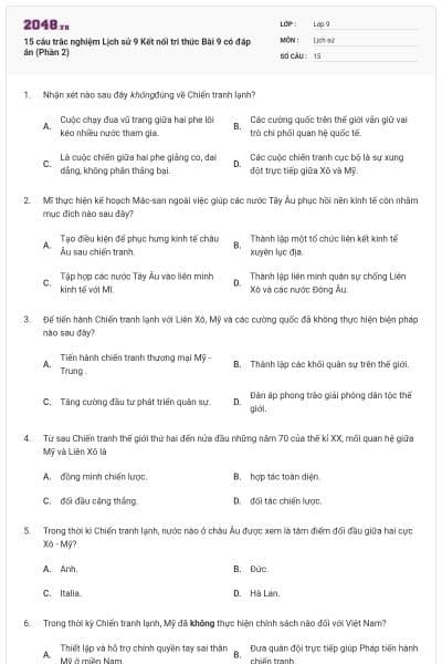 15 câu trắc nghiệm Lịch sử 9 Kết nối tri thức Bài 9 có đáp án (Phần 2)