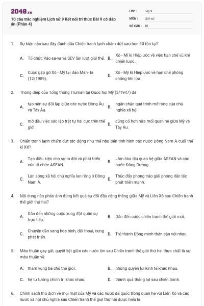 10 câu trắc nghiệm Lịch sử 9 Kết nối tri thức Bài 9 có đáp án (Phần 4)