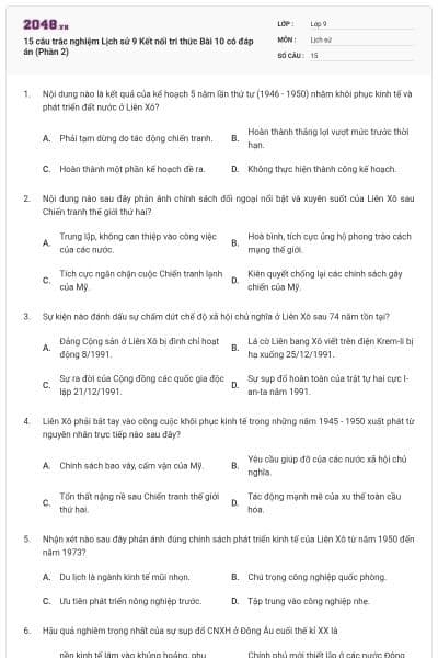 15 câu trắc nghiệm Lịch sử 9 Kết nối tri thức Bài 10 có đáp án (Phần 2)