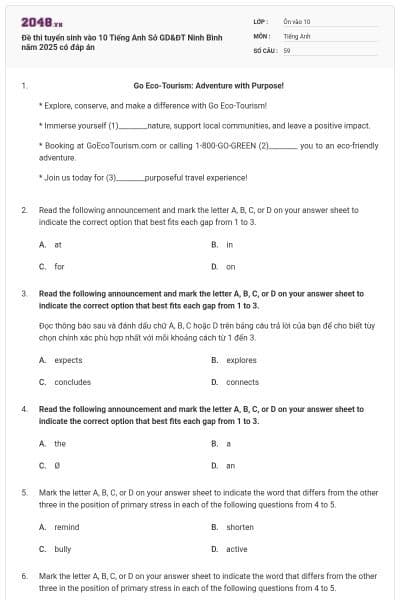 Đề thi tuyển sinh vào 10 Tiếng Anh Sở GD&ĐT Ninh Bình năm 2025 có đáp án