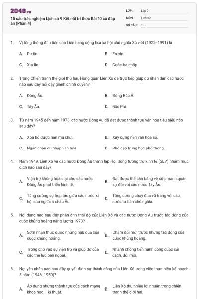 15 câu trắc nghiệm Lịch sử 9 Kết nối tri thức Bài 10 có đáp án (Phần 4)