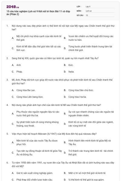 15 câu trắc nghiệm Lịch sử 9 Kết nối tri thức Bài 11 có đáp án (Phần 2)