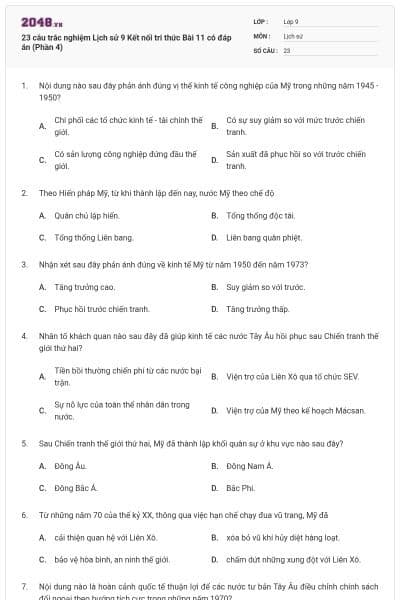 23 câu trắc nghiệm Lịch sử 9 Kết nối tri thức Bài 11 có đáp án (Phần 4)