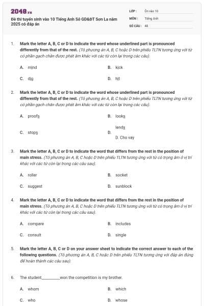 Đề thi tuyển sinh vào 10 Tiếng Anh Sở GD&ĐT Sơn La năm 2025 có đáp án