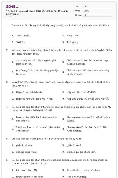 15 câu trắc nghiệm Lịch sử 9 Kết nối tri thức Bài 12 có đáp án (Phần 5)