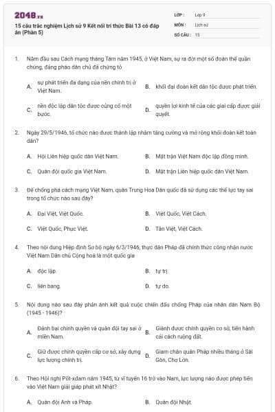 15 câu trắc nghiệm Lịch sử 9 Kết nối tri thức Bài 13 có đáp án (Phần 5)
