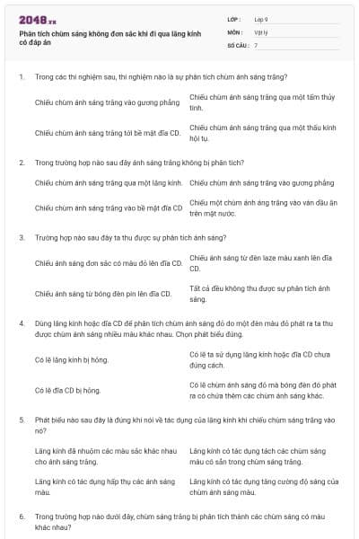 Phân tích chùm sáng không đơn sắc khi đi qua lăng kính có đáp án