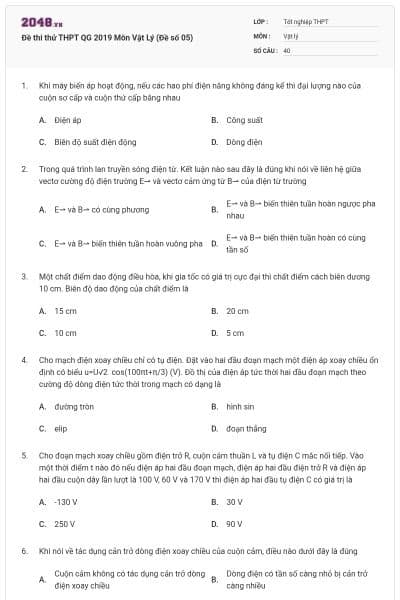 Đề thi thử THPT QG 2019 Môn Vật Lý (Đề số 05)