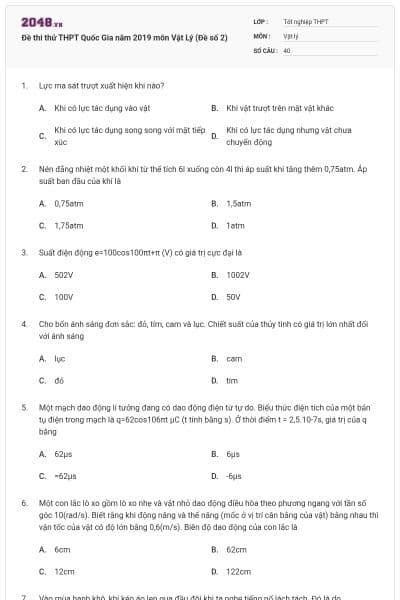 Đề thi thử THPT Quốc Gia năm 2019 môn Vật Lý (Đề số 2)