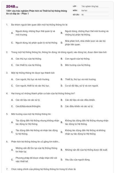 100+ câu trắc nghiệm Phân tích và Thiết kế hệ thống thông tin có đáp án - Phần 1