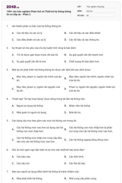 100+ câu trắc nghiệm Phân tích và Thiết kế hệ thống thông tin có đáp án - Phần 2