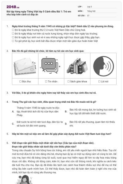 Bài tập hàng ngày Tiếng Việt lớp 5 Cánh diều Bài 1: Trẻ em như búp trên cành có đáp án