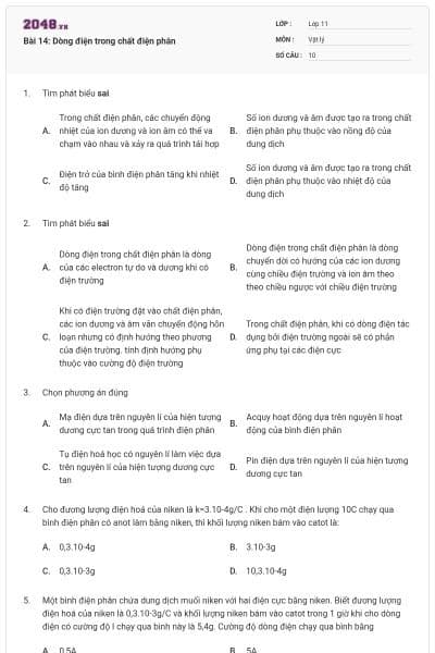 Bài 14: Dòng điện trong chất điện phân