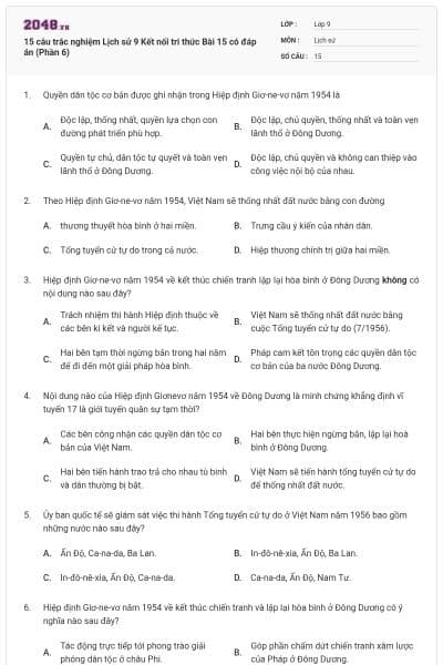 15 câu trắc nghiệm Lịch sử 9 Kết nối tri thức Bài 15 có đáp án (Phần 6)