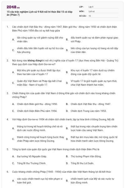 15 câu trắc nghiệm Lịch sử 9 Kết nối tri thức Bài 15 có đáp án (Phần 7)