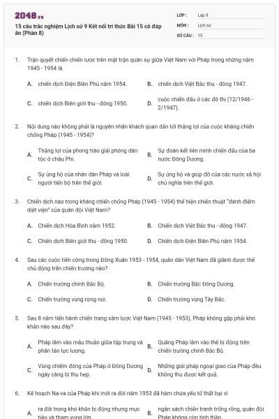 15 câu trắc nghiệm Lịch sử 9 Kết nối tri thức Bài 15 có đáp án (Phần 8)