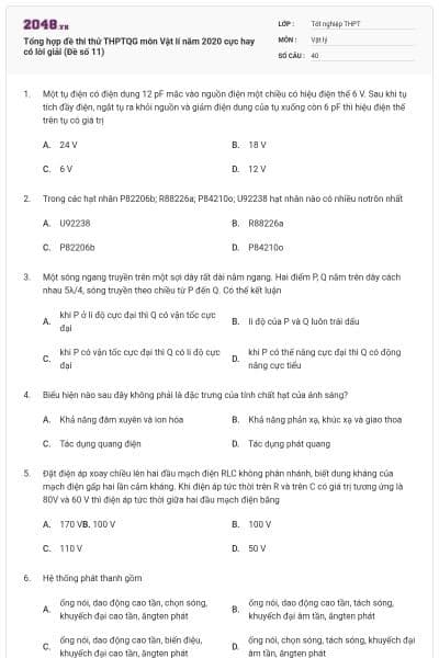 Tổng hợp đề thi thử THPTQG môn Vật lí năm 2020 cực hay có lời giải (Đề số 11)