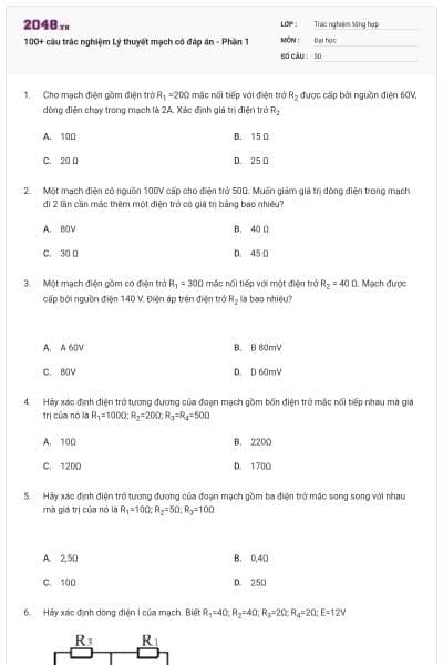 100+ câu trắc nghiệm Lý thuyết mạch có đáp án - Phần 1