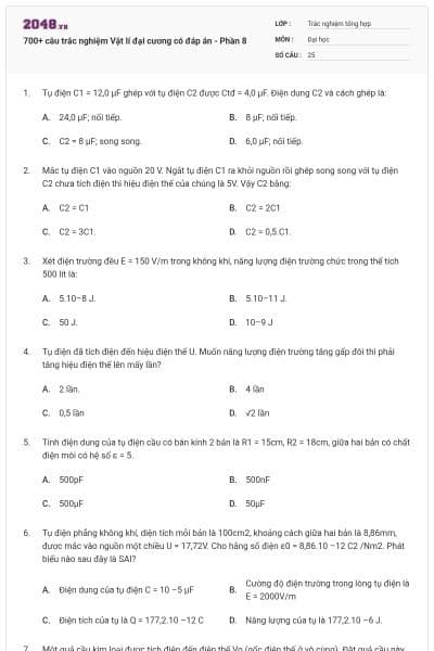 700+ câu trắc nghiệm Vật lí đại cương có đáp án - Phần 8