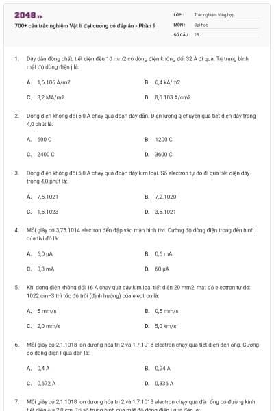 700+ câu trắc nghiệm Vật lí đại cương có đáp án - Phần 9