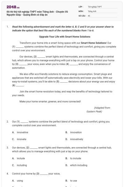 Đề thi thử tốt nghiệp THPT môn Tiếng Anh - Chuyên Võ Nguyên Giáp - Quảng Bình có đáp án