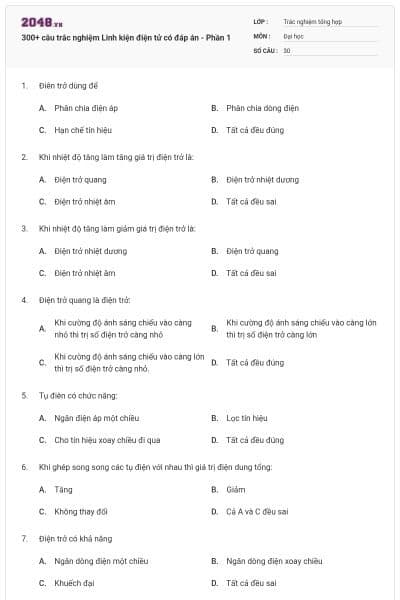 300+ câu trắc nghiệm Linh kiện điện tử có đáp án - Phần 1