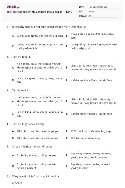 100+ câu trắc nghiệm Khí động lực học có đáp án - Phần 3